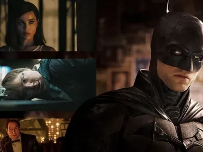 Bruce Wayne/Batman, Selina Kyle/Catwoman,
Oswald Cobblepot/Penguin, dan The Riddler
dalam film pertamanya The Batman (2021).
