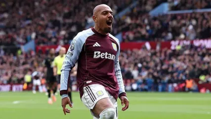 Donyell Malen celebrates after scoring for Aston Villa against Burnley in the Premier League