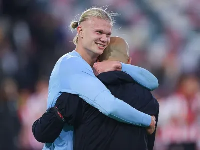 Erling Haaland hugs Pep Guardiola after win over Brentford in Premier League