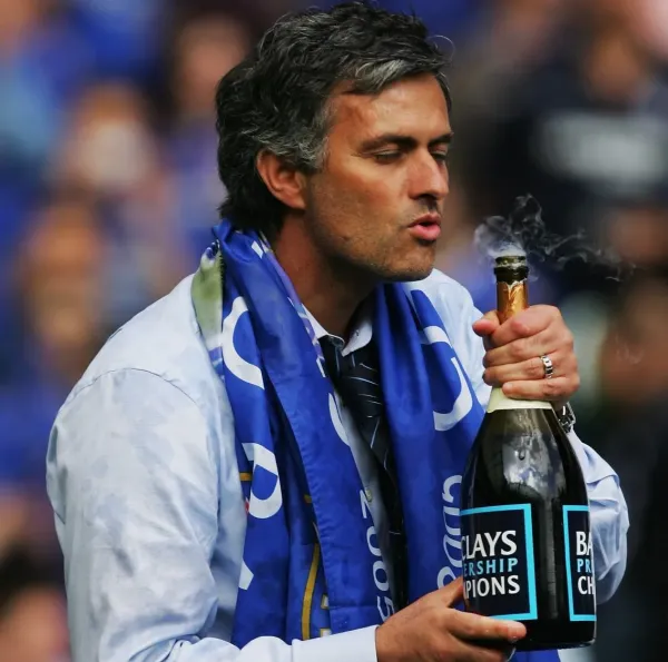 Jose Mourinho the Chelsea manager celebrates his team winning the Barclays Premiership title