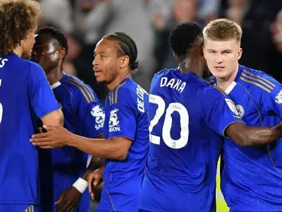 Leicester players celebrate Jordan James&#39; goal against Wrexham in midweek