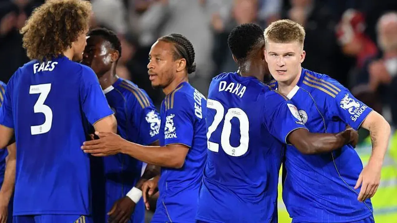 Leicester players celebrate Jordan James&#39; goal against Wrexham in midweek