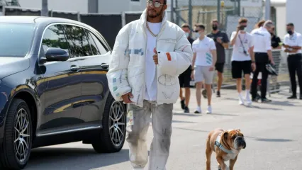 Lewis Hamilton with Roscoe at Monza racetrack