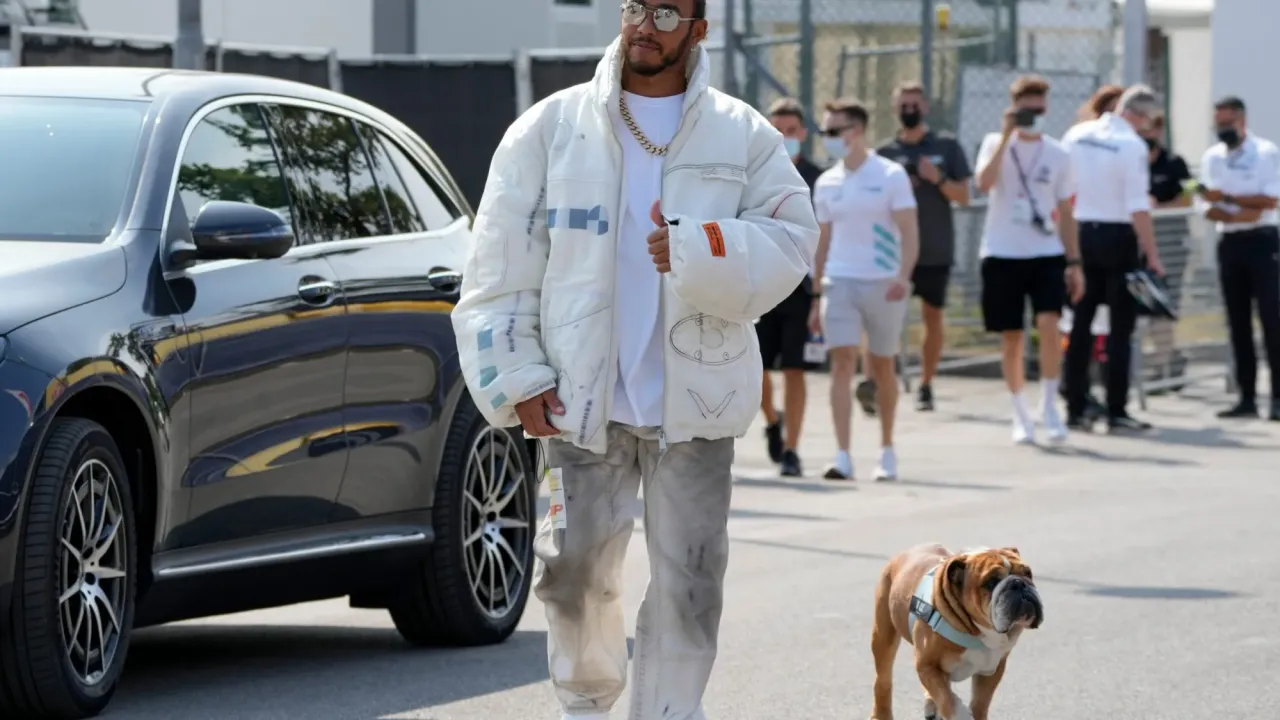 Lewis Hamilton with Roscoe at Monza racetrack