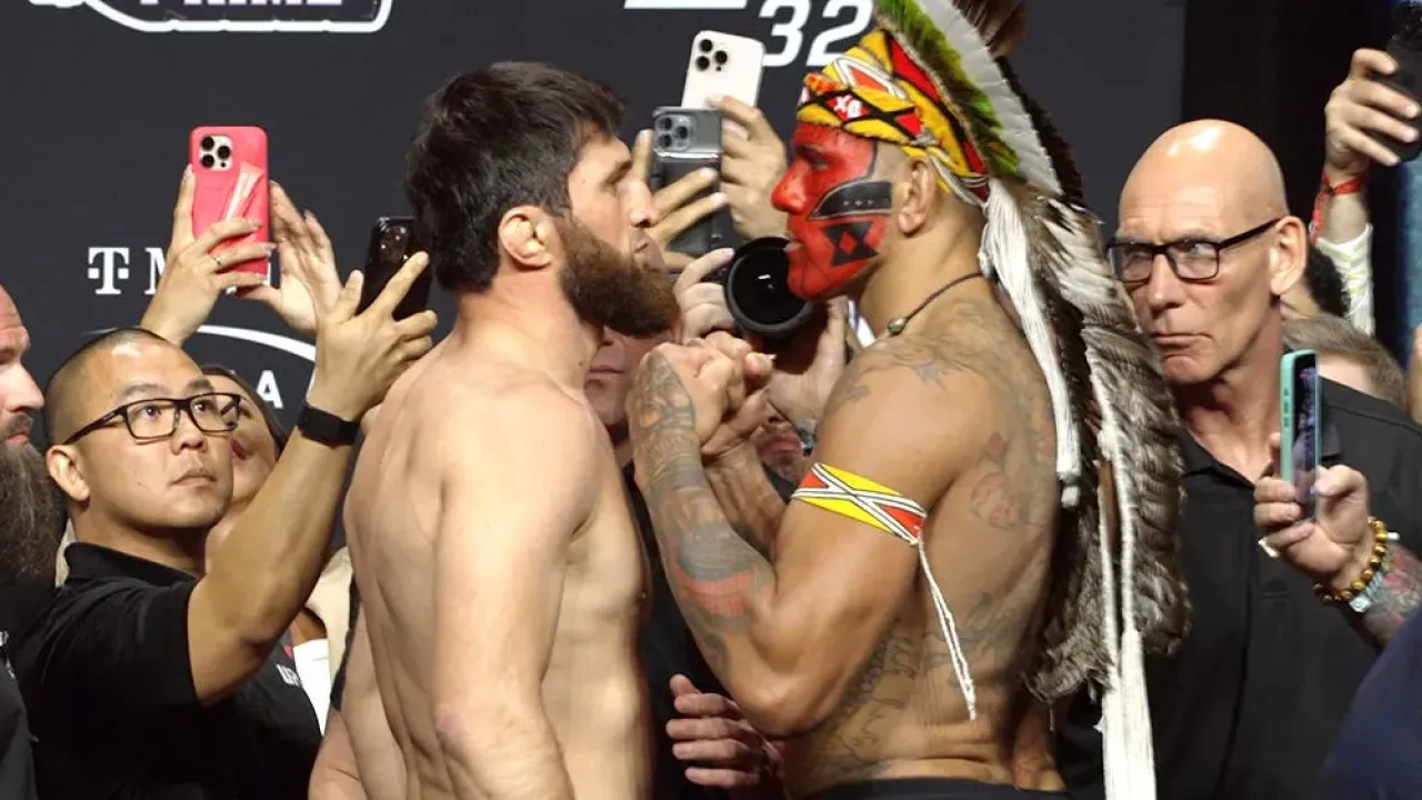 Magomed Ankalaev vs. Alex Pereira, UFC 320 ceremonial weigh-ins faceoff