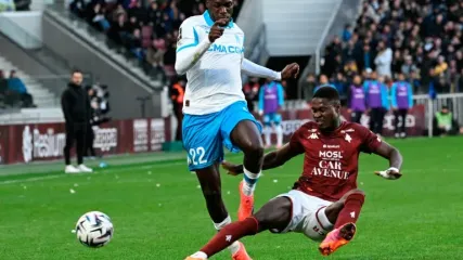 Marseille forward Timothy Weah was in the thick of the action as his club won 3-0 away (Jean-Christophe VERHAEGEN)