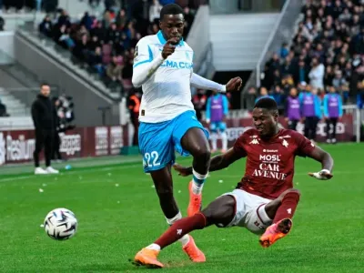 Marseille forward Timothy Weah was in the thick of the action as his club won 3-0 away (Jean-Christophe VERHAEGEN)