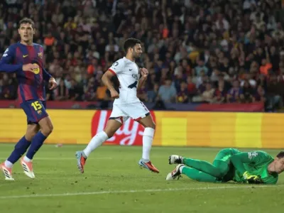 Paris Saint-Germain's Portuguese forward Goncalo Ramos scores their winner against Barcelona in an entertaining Champions League clash (Josep LAGO)