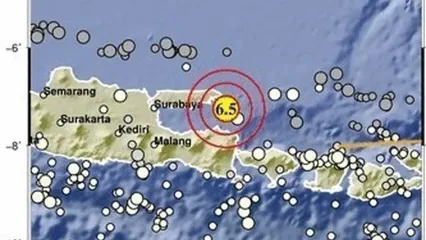 Peta gempa yang terjadi di antara Madura dan selat Bali, Selasa (30/9/2025) pukul 23.49