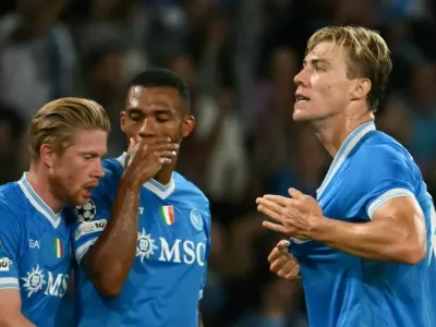 Rasmus Hojlund scored both of Napoli's goals against Sporting Lisbon (Alberto PIZZOLI)