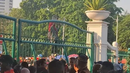Seorang ibu nekat memanjat pagar pintu timur masuk Monumen Nasional (Monas), Jakarta, Minggu (5/10/2025) untuk menyaksikan perayaan HUT ke-80 TNI.