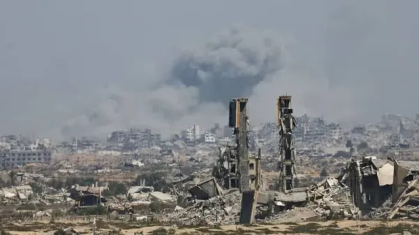 Smoke rises during an Israeli military operation in Gaza City, as seen from the central Gaza Strip September 27, 2025. (photo credit: REUTERS/Mahmoud Issa)