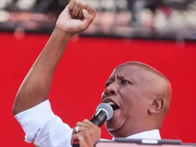 South African politician Julius Malema is seen addressing supporters at a rally