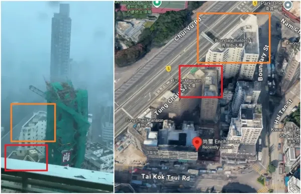 <span>Screenshot comparison of the Facebook video (L) and satellite images from Google Maps, with similarities highlighted by AFP</span>