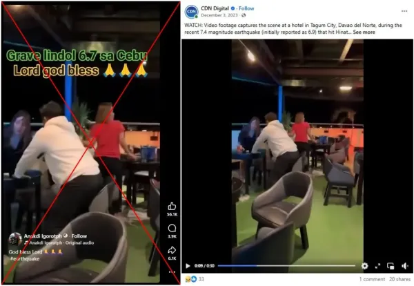 <span>Screenshot comparison of the false Facebook video (L) and the footage posted by CDN Digital in December 2023</span>