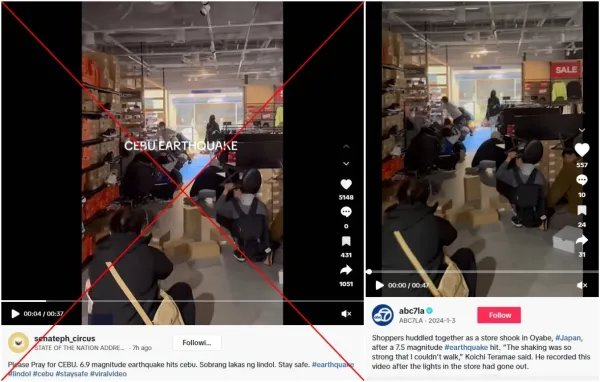 <span>Screenshot comparison of the false TikTok video (L) and the video published by ABC7LA in January 2024</span>