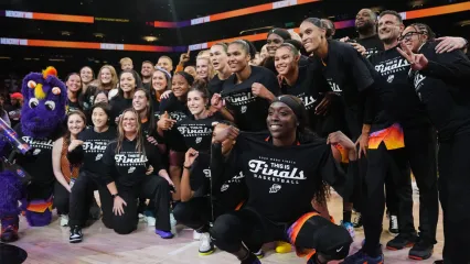 The Phoenix Mercury celebrate their 86-81 win over the Minnesota Lynx in the WNBA semifinal playoffs at PHX Arena on Sept. 28, 2025.