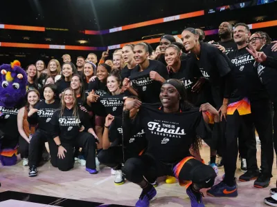 The Phoenix Mercury celebrate their 86-81 win over the Minnesota Lynx in the WNBA semifinal playoffs at PHX Arena on Sept. 28, 2025.