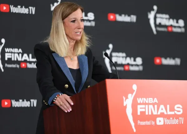 WNBA Commissioner Cathy Engelbert speaks to the media ahead of Game One of the 2025 WNBA Finals. Getty Images